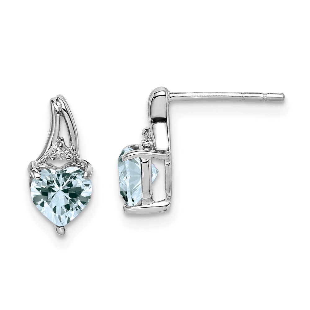 925 Sterling Silver Diamond March Blue Aquamarine Birthstone Heart Post Earrings